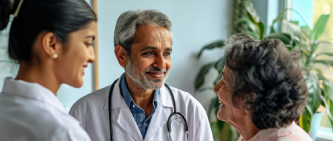 Doctors and patient speaking about why LAMA/LABA is the preferred initial treatment.