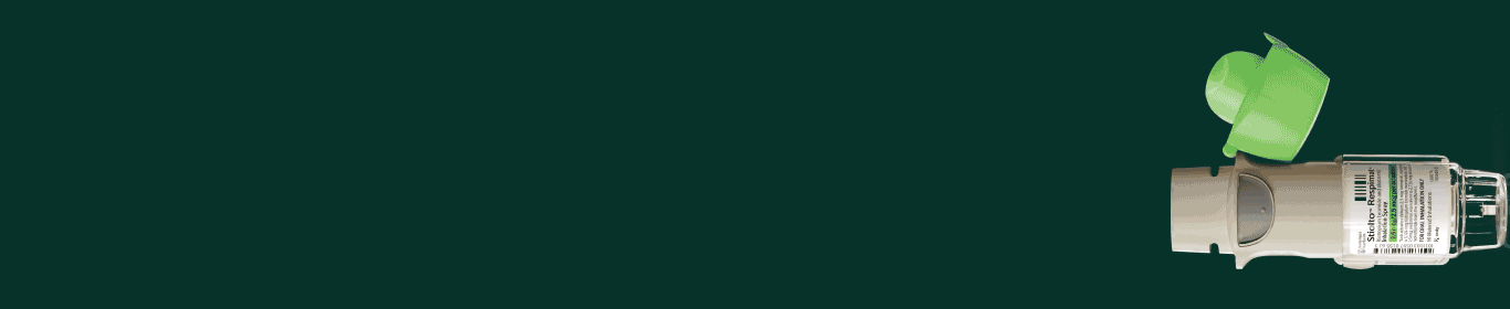 A STIOLTO RESPIMAT Inhalation Spray on its side spraying mist banner