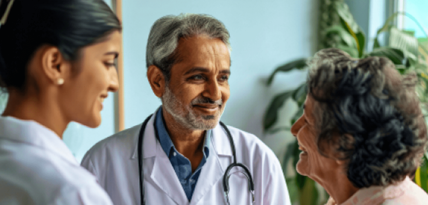 Doctors and patient speaking about why LAMA/LABA is the preferred initial treatment.