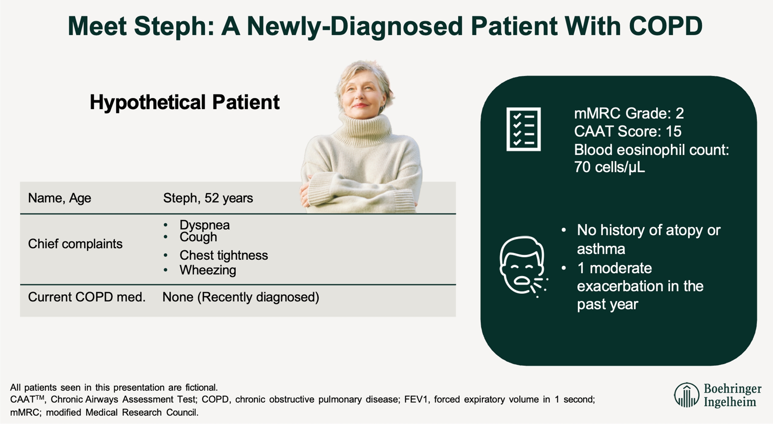 Clinical profile of a newly diagnosed 52-year-old COPD patient.